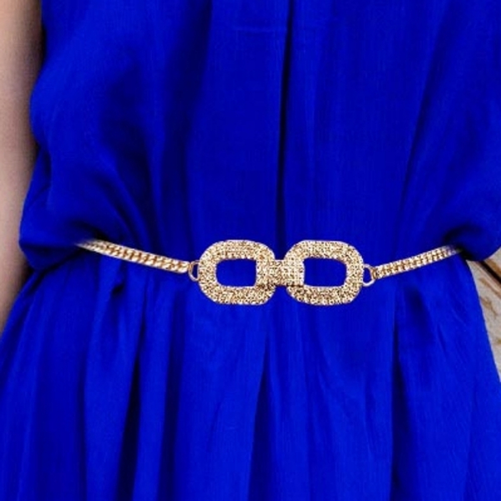 Gold Rhinestone Crystal Oval Link Shiny Waist Chain Belt Statement Accessories